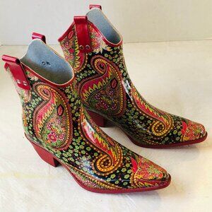 Nomad Yippy Low Women Western Rubber Rain Boots, Floral Paisley Red Soles Size 9